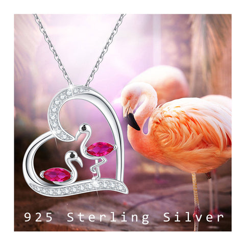 Colar com pingente de coração de animal de prata esterlina flamingo com pingente de pássaro