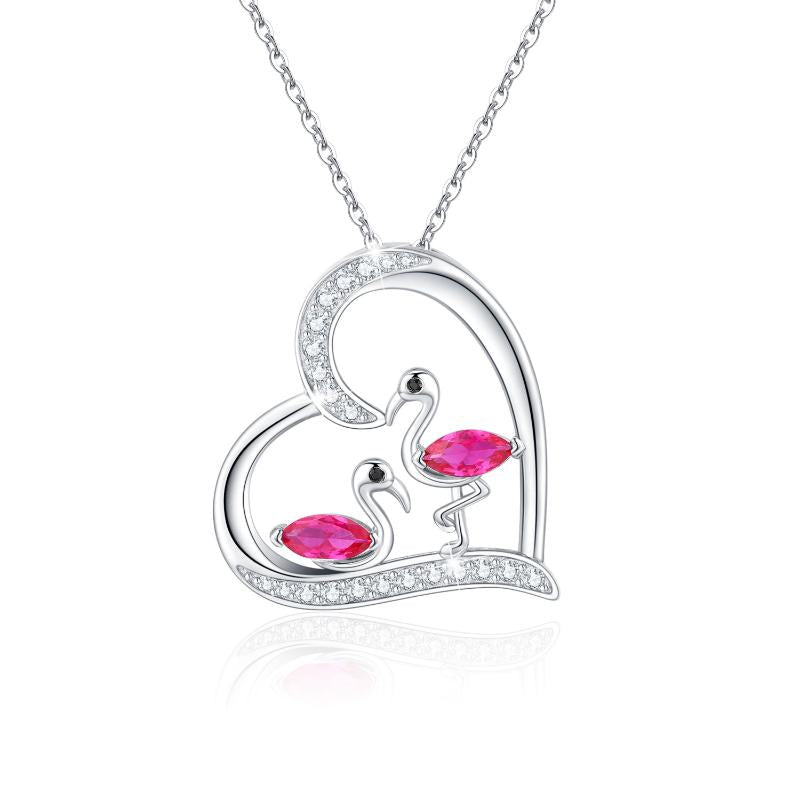 Colar com pingente de coração de animal de prata esterlina flamingo com pingente de pássaro
