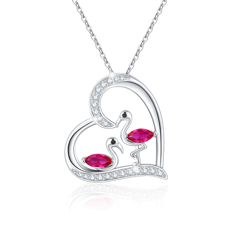 Colar com pingente de coração de animal de prata esterlina flamingo com pingente de pássaro